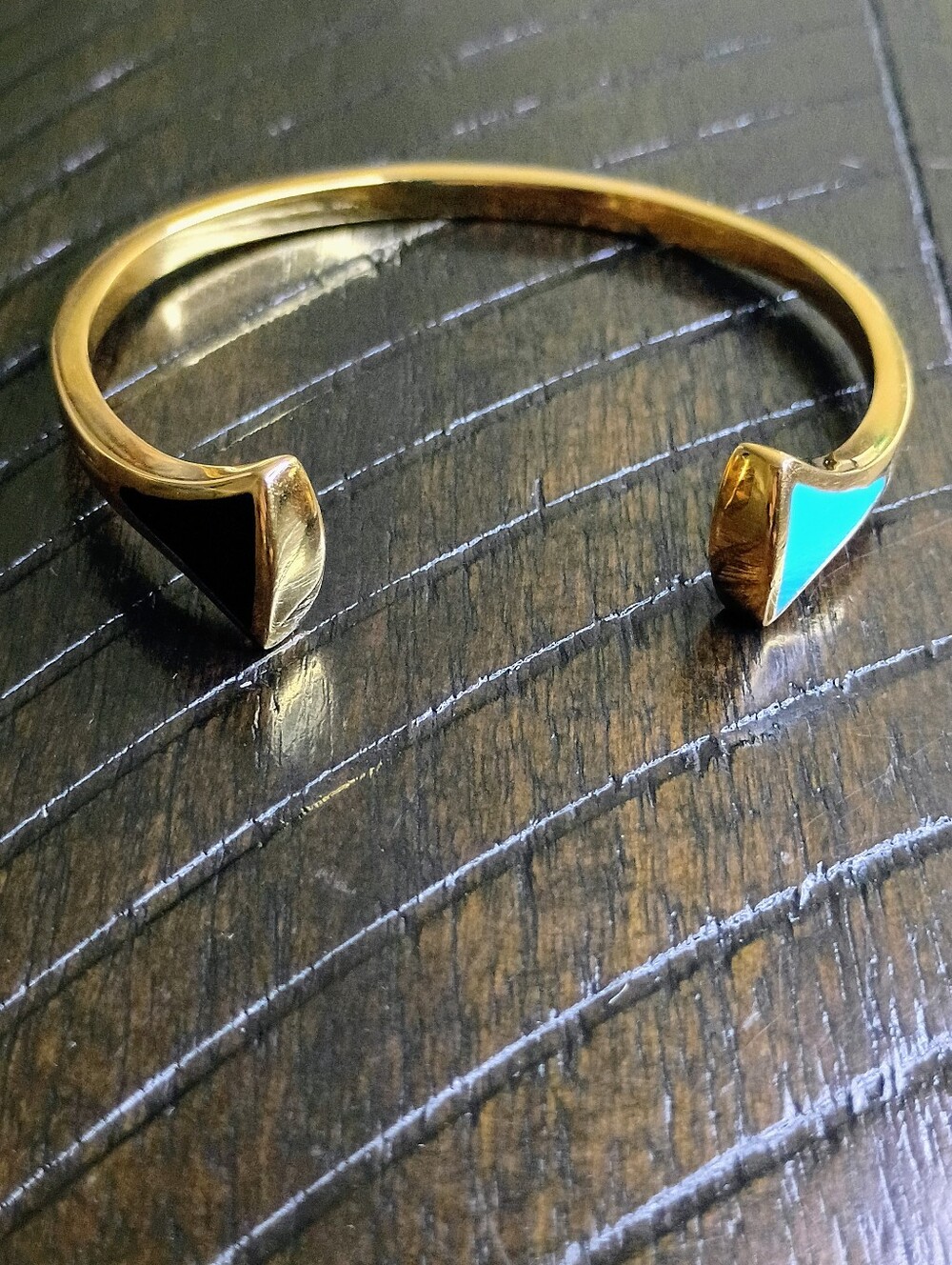 New Gold Tone Open Cuff Bracelet with Black and Turquoise Inlay 🚨